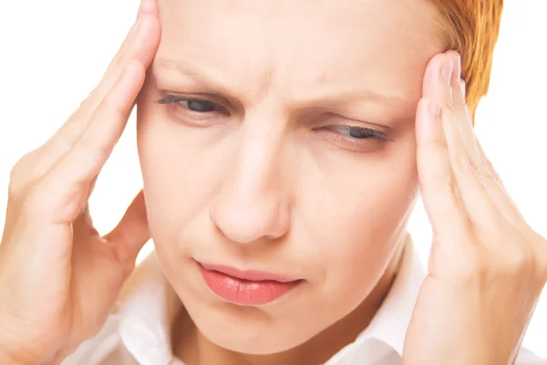 Woman with headache isolated on white — Stok fotoğraf