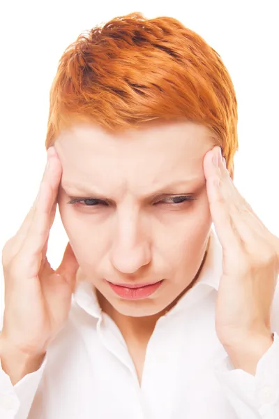 Mulher com dor de cabeça isolada no branco — Fotografia de Stock