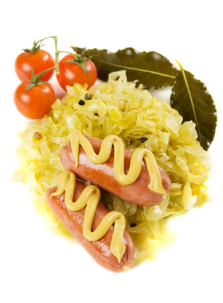 Grilled sausage with sauerkraut isolated on white — Stock Photo, Image