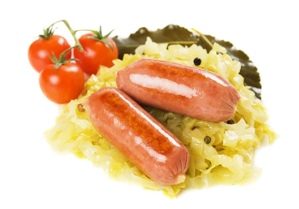 Sausage and sauerkraut isolated on white — Stock Photo, Image