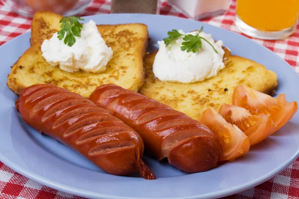 Fried sausage and french toast — Stock Photo, Image