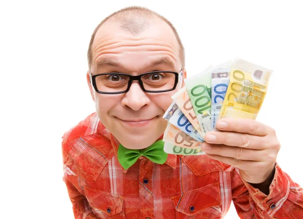 Homem segurando dinheiro do euro — Fotografia de Stock