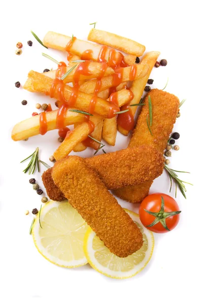 Palitos de peixe com batatas fritas — Fotografia de Stock