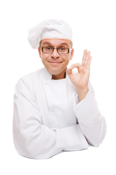 Lachende chef-kok geïsoleerd op wit — Stockfoto