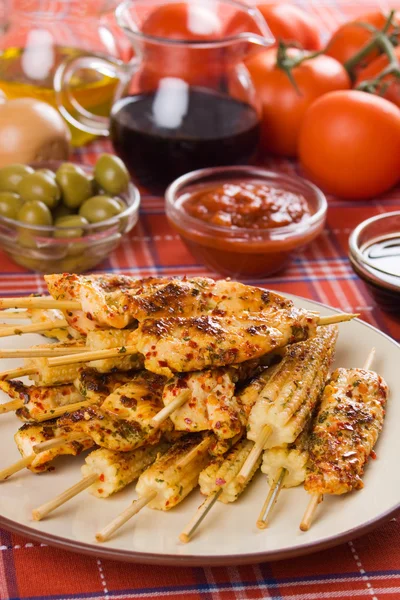 Grilled chicken meat and baby corn — Stock Photo, Image