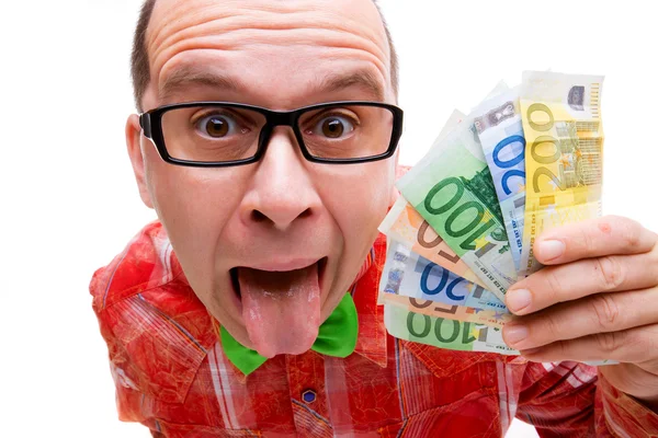 Lucky man with handful of money — Stock Photo, Image
