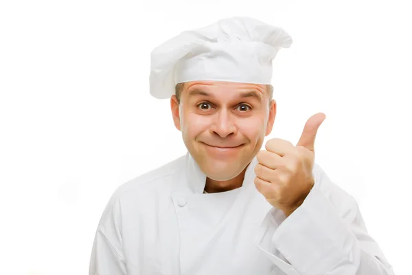 Chef sorridente isolado em branco — Fotografia de Stock
