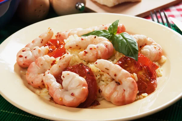 Italian style shrimps with tomato sauce and rice — Stock Fotó