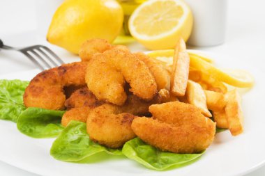 Breaded shrimp snack with french fries clipart