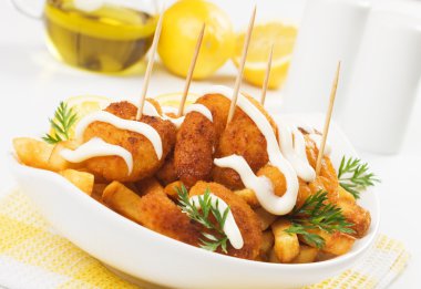 Breaded shrimp snack with french fries clipart