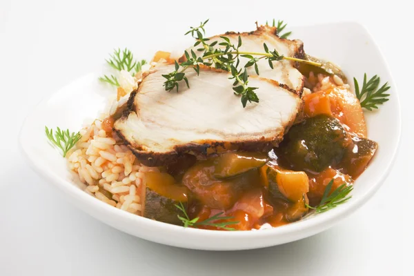 Roasted pork loin with rice ande vegetables — Stock Photo, Image