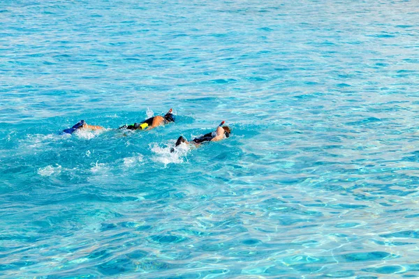 Dos hombres con máscaras y tubos nadan sincrónicamente en el océano —  Fotos de Stock