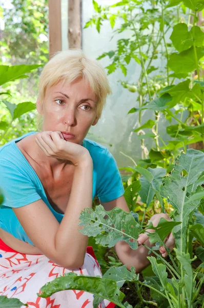 The young attractive woman is upset - caterpillars eat leaves of plants — Stock Photo, Image