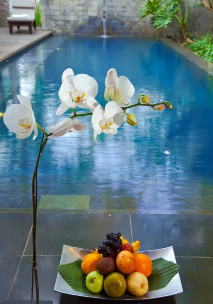 Orquídeas florescentes de ramos e uma cesta cheia de frutas tropicais maduras nas costas — Fotografia de Stock
