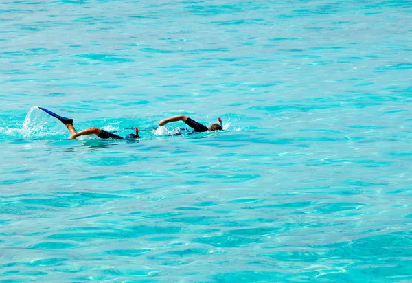 Два чоловіки з масками і трубками плавають синхронно в океані — стокове фото