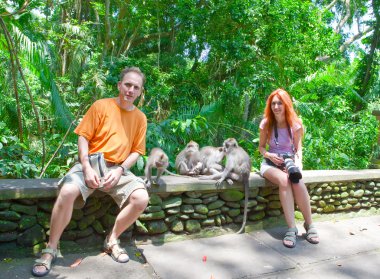 Tourists are photographed with monkeys in Sacred Monkey Forest in Ubud Bali