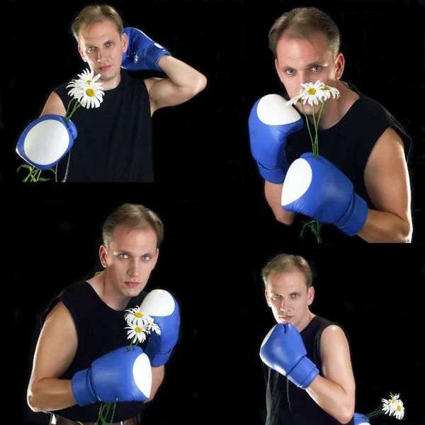 Спортивный человек в боксёрских перчатках с ромашками — стоковое фото
