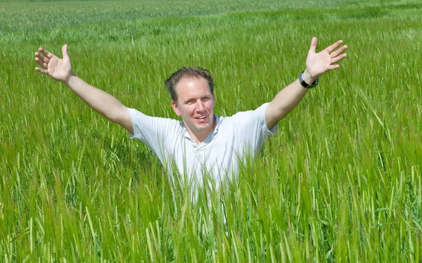 Glada unga mannen i fältet av gröna öra — Stockfoto