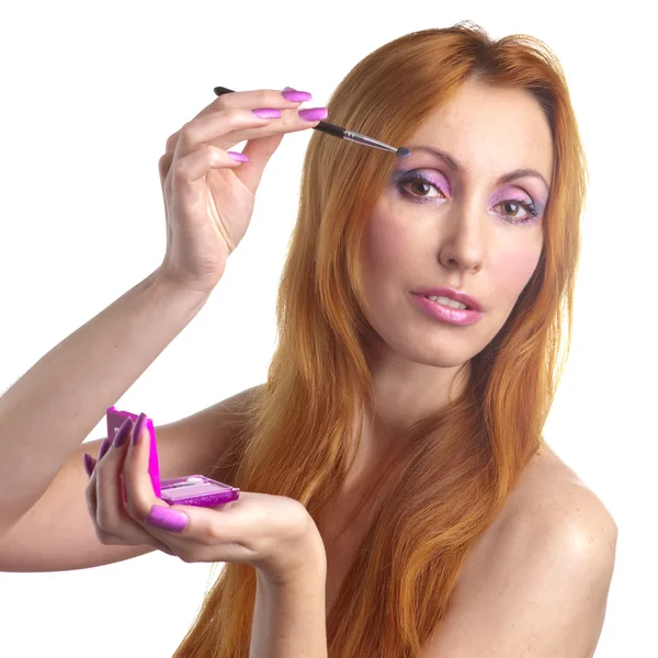 Portrait of the young woman with a make-up in pink tones and with long nail — Stock Photo, Image