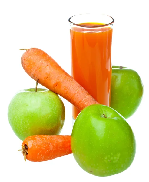 Alma, sárgarépa és egy pohár gyümölcslé — Stock Fotó