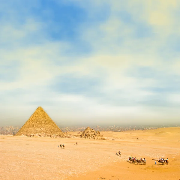 Туристы на верблюдах, идущих через пустыню — стоковое фото