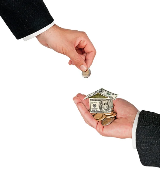 Geld zu Hause in der Hand isoliert auf weißem Hintergrund — Stockfoto