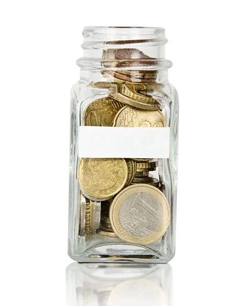 Jar full with coins and with placeholder for text — Stock Photo, Image