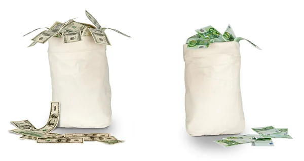 Bags with euro and dollars — Stock Photo, Image