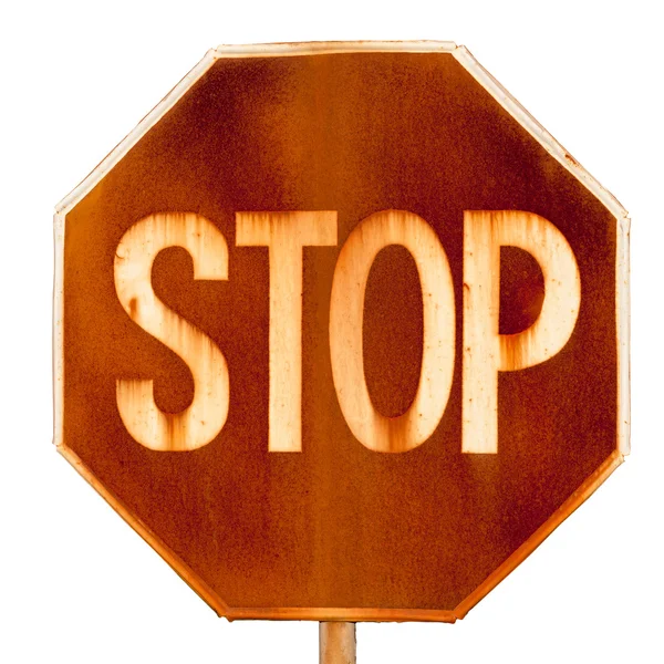 Vecchio segnale stradale arrugginito stop isolato su sfondo bianco — Foto Stock