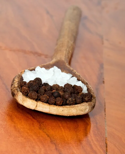 Coarse salt and pepper corns on wooden spoon — Stock Photo, Image