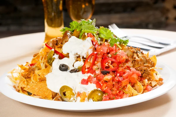 stock image Fresh nachos and vegetable salad with meat