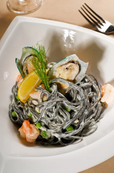 stock image Seafood black spaghetti