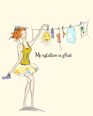 Girl drying her things after beach clipart