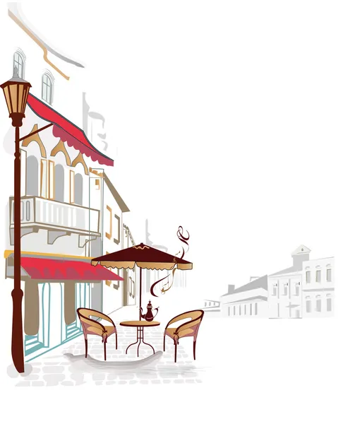 Серия старинных улиц с кафе на эскизах — стоковый вектор