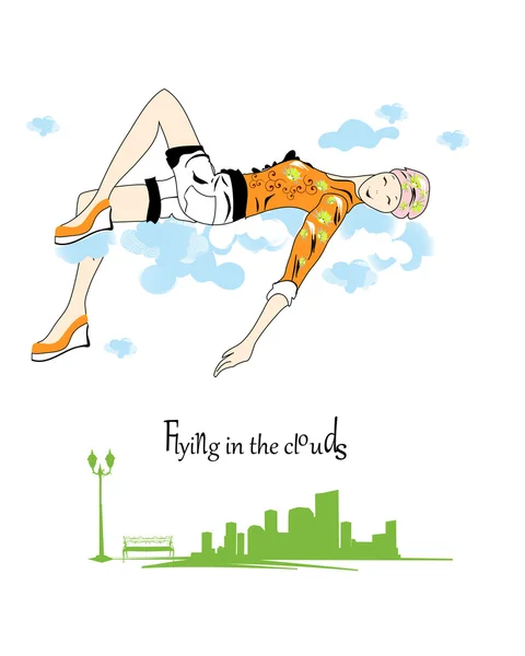 Chica volando en las nubes — Archivo Imágenes Vectoriales
