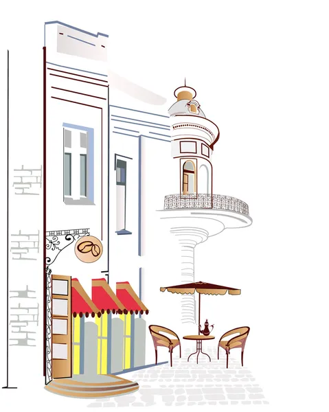 Serie de calles antiguas con cafés en bocetos — Vector de stock