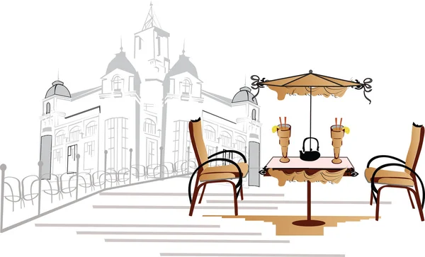 系列的咖啡馆在草图的旧街道上 — 图库矢量图片
