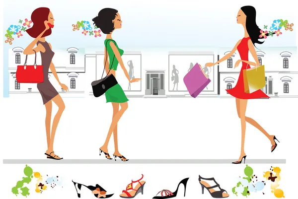 Shopping i staden, stiliserade flickor med väskor — Stock vektor