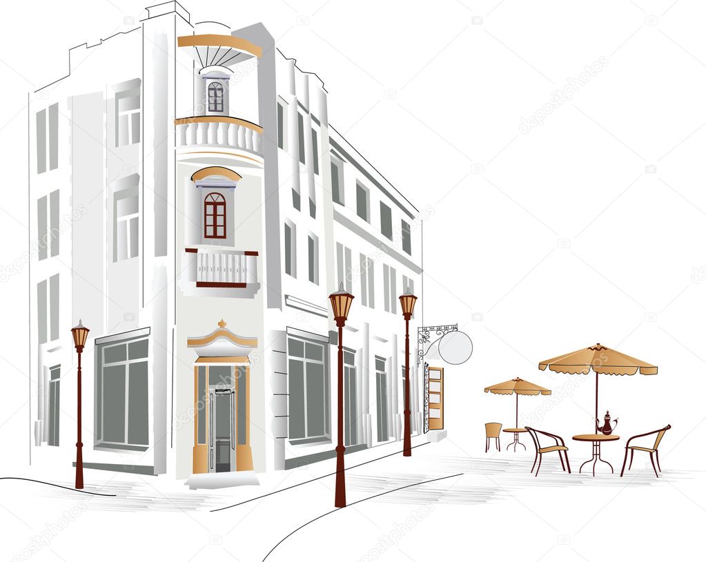 Series of old streets with cafes in sketches