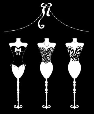 Chic Fashion Dress Forms With Bustiers white on black clipart