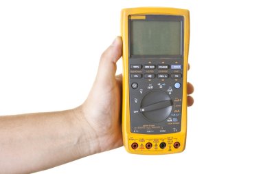 Hand holding electronic multimeter clipart