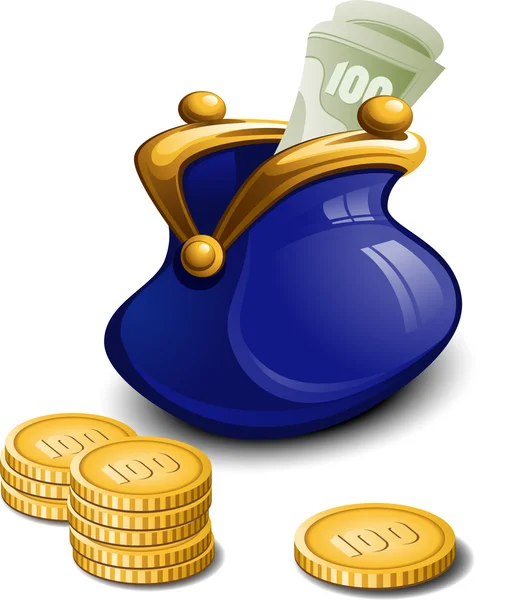 Blue purse with money — Stock Vector