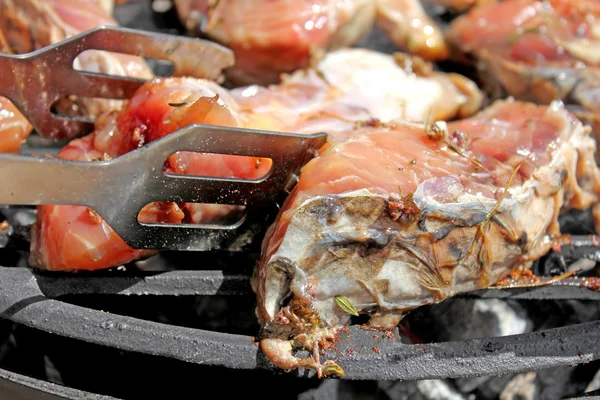 Pesce con timo che cucina su una griglia — Foto Stock
