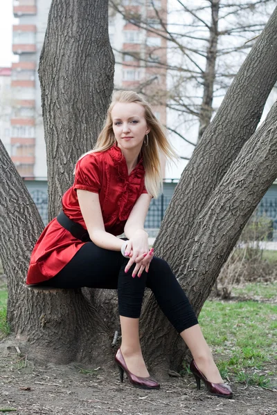 Chica, parque, vestido rojo, retrato — Foto de Stock