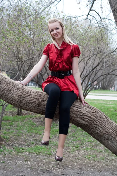 Dívka, park, červené šaty, portrét — Stock fotografie