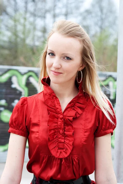 Girl, emotions, blond, red dress, portrait — Stockfoto