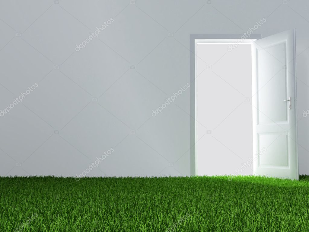 White wall, unclosed door and juicy green lawn