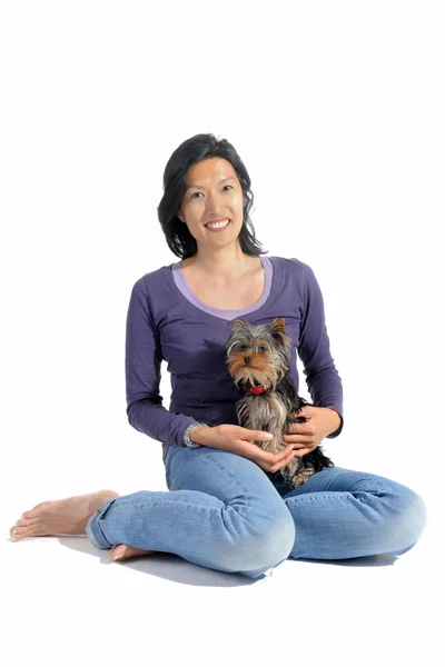 Yorkshire terrier and asian girl — Stock Photo, Image