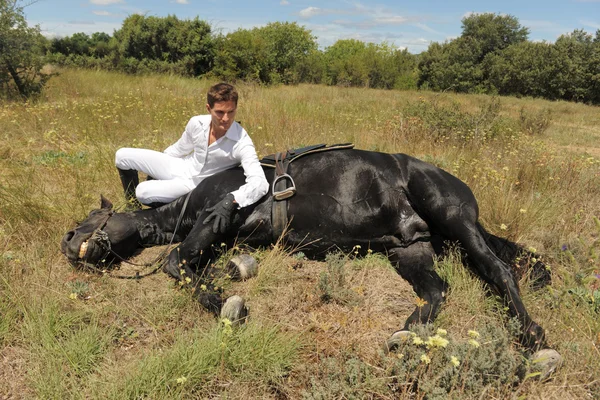 Mladý muž a kůň — Stock fotografie