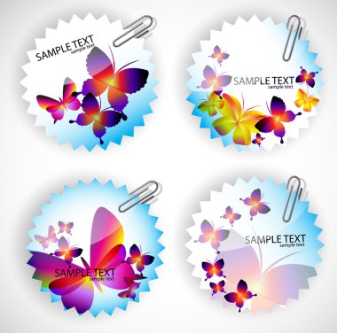 Sticker kelebekler ile yuvarlak. vektör çizim seti